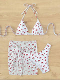 Women French Chic Cherry Print Bikini Sets Three Pieces with Mesh Skirt Swimsuit Swimwear Bathing Suit Beach Outfits Biquini
