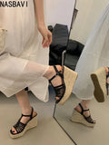 9cm Heeled Wedges Ankle Sandals Black Dress Shoes for Women T-Strap Silver Chunky Heels Summer Platform Bohemia Sandals 2026