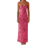 Women Summer Glitter Sequin Beaded Flower Cami Dress Slim High Split Spaghetti Strap Open Back Long Dresses for Party Club
