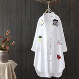 Women Mid Length Shirt Cartoon Embroidery Loose Irregular Hem Turn-down Collar Single-breasted Sun Protection Long Sleeves Top
