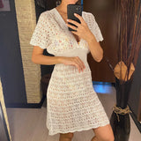 S - XL Short Sleeve V Neck Crochet Knitted Tunic Beach Cover Up Cover-ups Beach Dress Beach Wear Beachwear Female Women V5314
