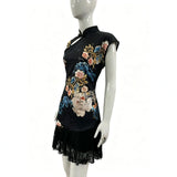 New Chinese style cheongsam hip-covering skirt Royal sister style tight lace national style printed fashion dress