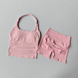 2PCS Seamless Halter Neck Yoga Set Push up Sports Bra And High Waist Butt Lift Fitness Shorts Tummy Control Fitness Wear
