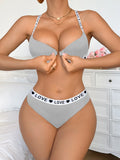 New Ribbed Women's Underwear Set Letter Strap Underwear Front-Clasp Push-Up Bra Comfy Daily Female Bra Set