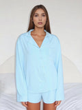 Women Fall 2 Piece Pajamas Set Solid Color Button up Long Sleeves Shirt and Elastic Shorts for Loungewear Soft Sleepwear