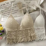 Boho Crochet Halter Top for Women Summer Beach Knit Crop Top with Tassels Backless Sleeveless Bralette