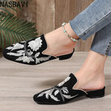 NASBAVI Fashion 3d Embroidery Mules Women Fur Slippers Velvet Shoes Ladies Low Heel Flower Decoration Sandals Women's Flip Flops