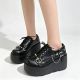 New Arrival Gothic Black Rivets Platform Creepers Shoes White Chain Decor Goth Creepers Chunky Lace Up Lolita Casual Shoes