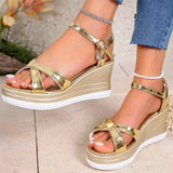 Luxury Golden Open Toe Wedge Sandals Women Summer Fashion Buckle Strap High Heel Sandals Woman Crystal Platform Women\'s Slides