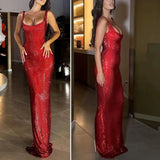 Women Prom Dress Sequin Low-cut Sleeveless Floor Length Evening Dress Solid Color Party Banquet Wedding Sheath Dress