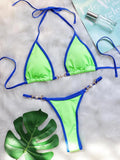 Sexy Halter Pearl Extreme Mini Micro Bikini Female Swimsuit Women Swimwear Two-pieces Bikini set Ribbed Bather Bathing Suit Swim