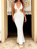 Women Sexy Club Beach Dresses Backless Knitted Dress Sleeveless Halter Hollow Out Bodycon Long Dress Summer