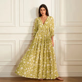 Women Bohemian Holiday Beach Long Dress 3/4 Sleeve V Neck Floral Print Loose Summer Casual Swing Dresses