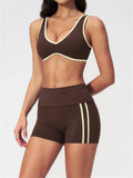 Tight Color Contrast Yoga Suit 2 Pieces Women V Neck Sports Bra Pleate High Waist Shorts Gym Running Fitness Suits Tracksuit