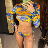 S- XXL Leopard Printed Long Sleeve Bikini Women Swimwear Female Swimsuit Three-Pieces Bikini Set Bather Bathing Suit Swim V3193Y