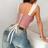 Retro French Jacquard Red Plaid Camisole 2026 Women Sexy Lace Trim Spliced Off Shoulder Chest Wrapped Fishbone Chest Party Tops