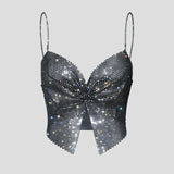 Toucheart Sexy Bow Knot Rhinestones Perspective Suspender Bra For Women Sexy Hottie Fishing Slit Lining Sleeveless Backless Bra