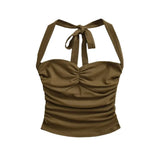 New Women's Fashion Sexy Backless Halter Neck Tie-up Ruched Tube Top Ultra-short Camisole Top In Solid Color Pure Desire F1MR