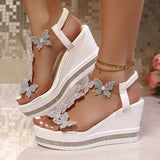 Rhinestone Butterfly Decor Chunky Platform Sandals Women Fashion Slip On Wedges Sandles Woman Lightweight Elastic Band Sandals