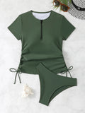 Short Sleeves Two Pieces Swimsuit Women Tankini 2026 Black Zipper Swimwear Female Beach Wear Bathers Bathing Swimming Swim Suit