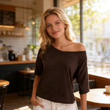 Womens Off Shoulder Striped Print T-Shirts Casual Loose Short Sleeve Summer Boat Neck Tops