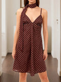 Women's Summer Mini Cami Dress A Line Stylish Dot Print Backless V Neck Spaghetti Strap Dresses with Scarf