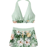 2026 Summer Women's Print Patchwork Swimsuit Sexy Deep V Neck Back Lace-up Swimwear High Waist Shorts Tankini Bathing Suit Beach