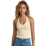 Women's Summer Halter Neck Tops Button Front Decor Sleeveless Tank Backless Slim Fit Summer Vest