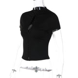 FDYOUI Woman Covered Buttons T-shirts 2026 Summer Short Sleeve Slim Cardigan Tops Ladies Chic Corset Tee Shirt White Black Red