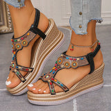 National Wind Beaded Wedge Heels Sandals Women Chunky Platform Slip On Gladiator Sandals Woman Plus Size 43 High Heel Sandalias