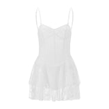 Women Summer Mini Dress Spaghetti Strap Frill Corset Backless Bandage Lace Tiered Ruffle Dress Club Party Sexy Dresses