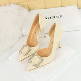 BIGTREE Pumps Elegant Pointed Crystal Buckle Slim High Heel Single Shoes Women Silk Spring/Summer High Heel Pumps Wedding Dress