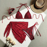 with Mesh Sarong Lace Halter High Cut Bikini Female Swimsuit Women Swimwear Three-pieces Bikini Set Bathing Suit Swim Beachwear
