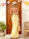 Women Floral Print Tie Backless Dress for Bohemian Party Evening Ring Cut Out Strapless Bodycon Long Dresses