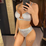 New Shiny Sequins High Waist Bikini Female Swimsuit Women Swimwear Two-pieces Bikini Set Padded Bather Bathing Suit Swim V4213