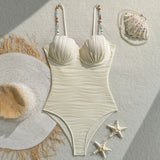 Shell Underwired Wrinkled Beads One Piece Swimsuit Women Swimwear Female High Leg Cut Monokini Bather Bathing Suit Swim Bodysuit
