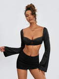 Women Long Sleeve Crop Tops Mesh Lace Trim Sweetheart Neckline Tie-Up Backless T-Shirts Spring Fall Slim Fit Shirts Streetwear