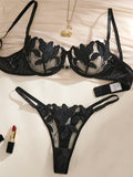 Black Embroidered Floral Lingerie Set - Sexy Bra And G-string Combo with Heart Decoration Underwear Set for Women ZA824031