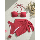 3PCS With Sarong Metal Star Halter Bikini Female Swimsuit Women Swimwear Three-Pieces Bikini Set Bather Bathing Suit Swim V7042