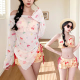 Sweet Vacation Bikini Set 2026 Women Long Sleeve Drawstring Cover Ups Pleate Short 4 Piece Swimsuit Beach Bathing Suit Swimwear