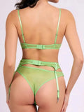 Sexy Lingerie Set with Garter Belt Corset Panty Outfits Mesh No Padding Underwire Sheer Bra and Panty 3 Pcs