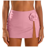 Women Black Swim Skirt 3D White Flower High Waist Side Slit Bikini Cover Up Skirts Beachwear Summer Vacation Beach Swimsuits
