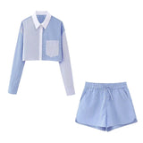 Foridol Stripes Crop Top+shirt 2 Pcs Outfits Women Casual Summer Autumn Casual Set Blue Matching Set Shorts Set Female Suit