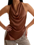 Women’s Solid Color Satin Cowl Neck Halter Tops Summer Fashionable Backless Slim Fit Going Out Vest