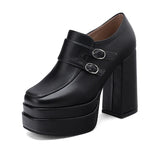 Plus Size Double Row Small Buckle Side Zipper Square Toe Double Layer Platform High Thick Heel Women's Pumps Shallow High Heels