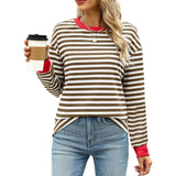 Autumn Winter Long Sleeve Basic T-Shirts Women Stripe Print Round Neck Casual Loose Fit Tunic Tops Streetwear