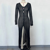 3 Colors Long Sleeve Cut Out Crochet Knitted Tunic Beach Cover Up Cover-ups Beach Dress Beach Wear Beachwear Female Women K6536