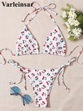 XS - L Cherry Printed Halter Strappy Bikini Female Swimsuit Women Swimwear Two-Pieces Bikini Set Bather Bathing Suit Swim V4894