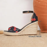 EUR Size 45 Leisure Espadrille Wedge Sandals Women Cherry Summer High Heels Shoes Beach Vacation Platform Ankle Strap Sandals