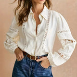 2026 New Elegant Lace Patchwork Long Sleeve Blouse Women Hollow Out Lace Trim Office Lady Commute Casual Shirt Top